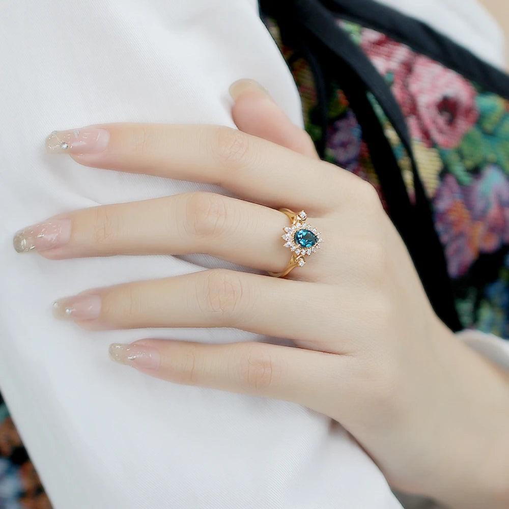 Emotional Factory Jewelry 925 Sterling Silver 14K Gold Plated Gemstone Series Sun Moon London Blue Topaz Ring