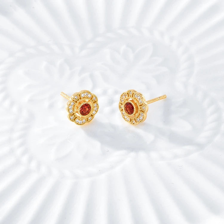 Emotional Factory 925 Sterling Silver 14K Gold Plated Gemstone Full Zircon Garnet Flower Round Stud Earrings
