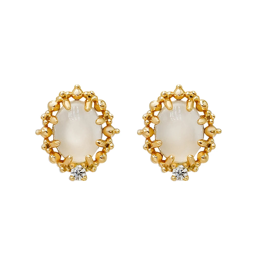 925 Sterling Silver 14K Gold Plated Gemstone Drop Zircon White Moonstone Earrings