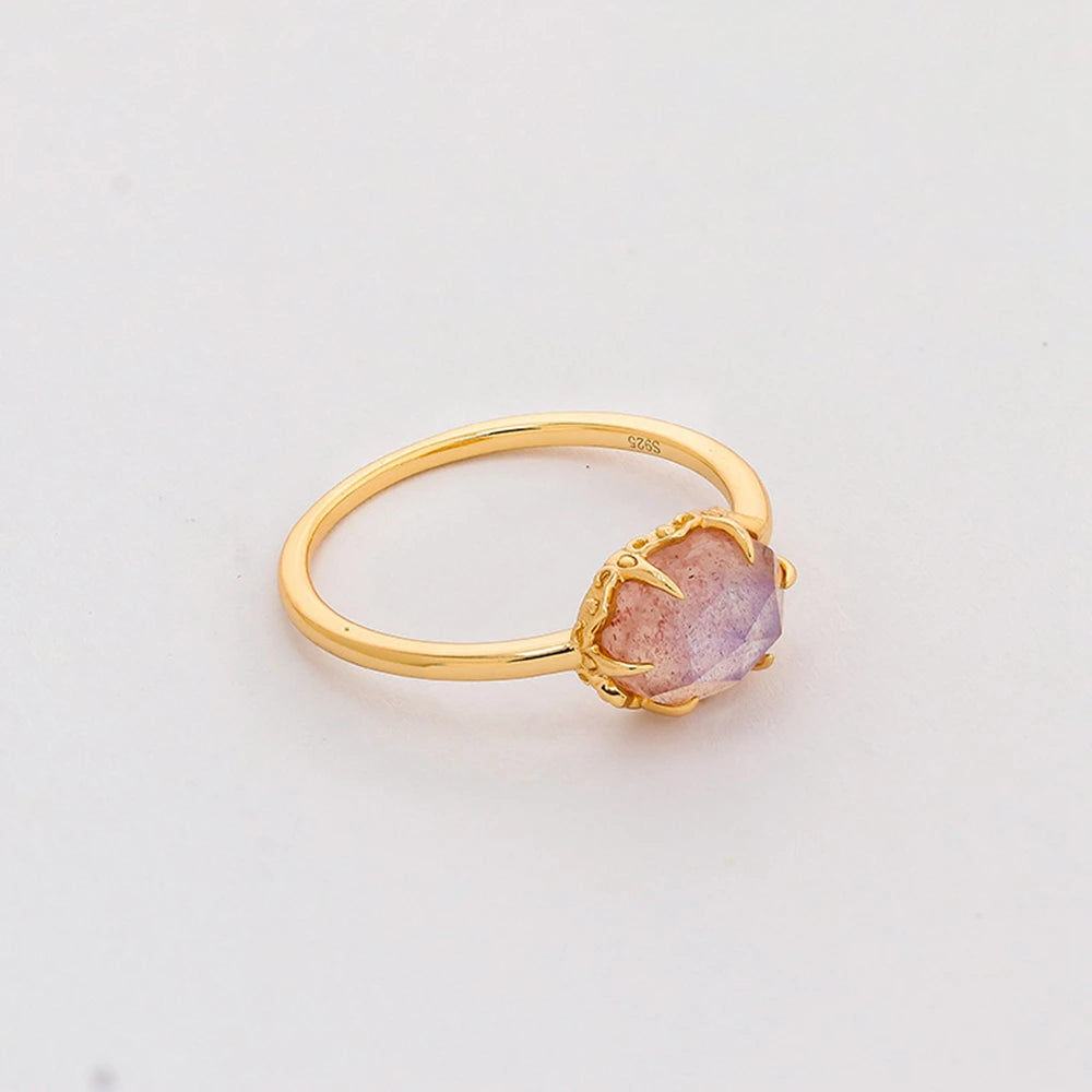 Emotional 925 Sterling Silver 14K Gold Plated Gem Stone Gemstone Ceramic Pattern Natural Labradorite Strawberry Crystal  Ring