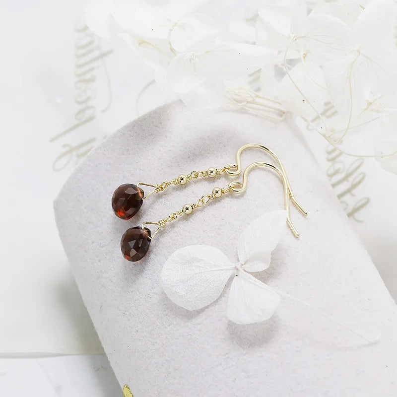 Emotional Factory 925 Sterling Silver 14K Gold Plated Gemstone Long Bar Water Drops Natural Red Garnet Pendant Earrings