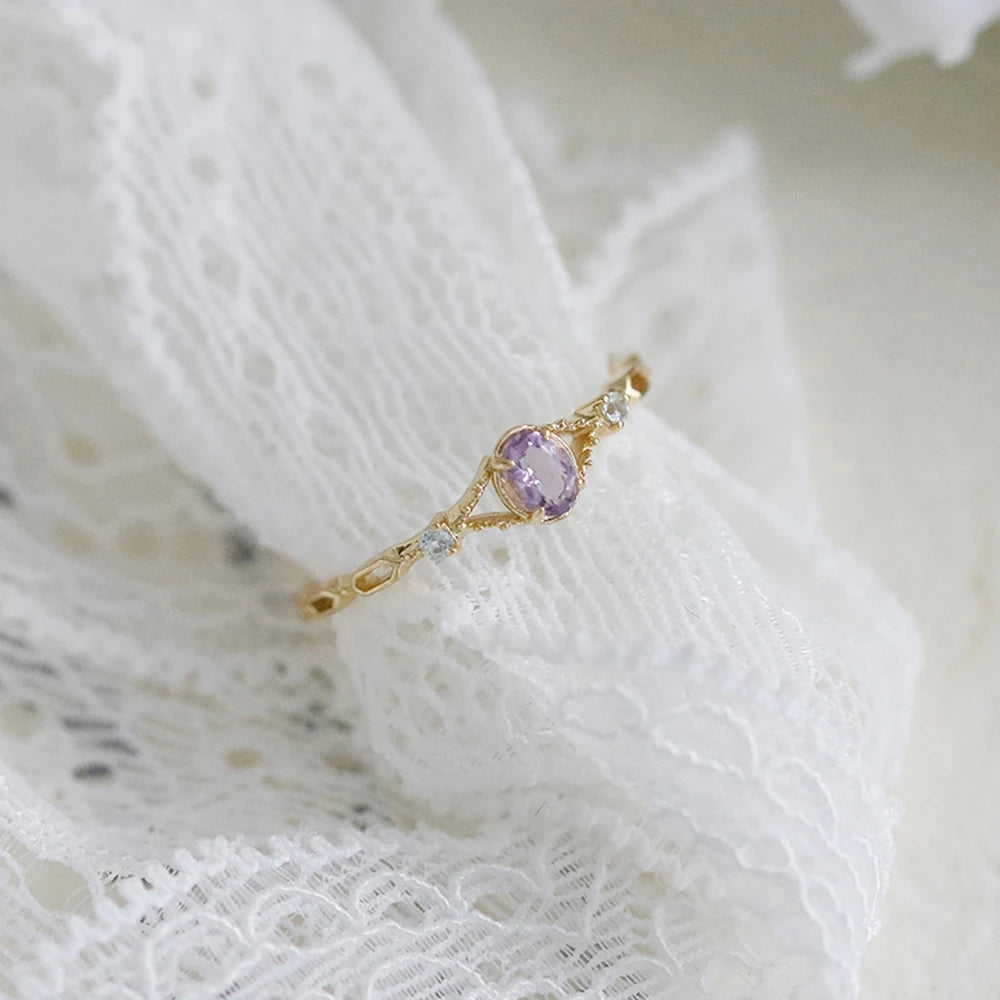 Emotional Bague Mariage  925 Sterling Silver 14K Gold Plated Gemstone Gentle Sweet  Natural Stone Pinstripe Amethyst Topaz Ring