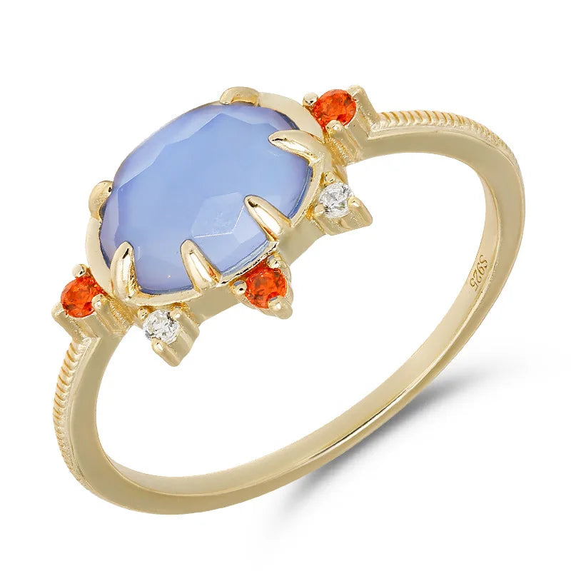 Emotional Factory 925 Sterling Silver 14K Gold Plated Gemstone Blue Glass Red Cz Zircon White Shell Ring