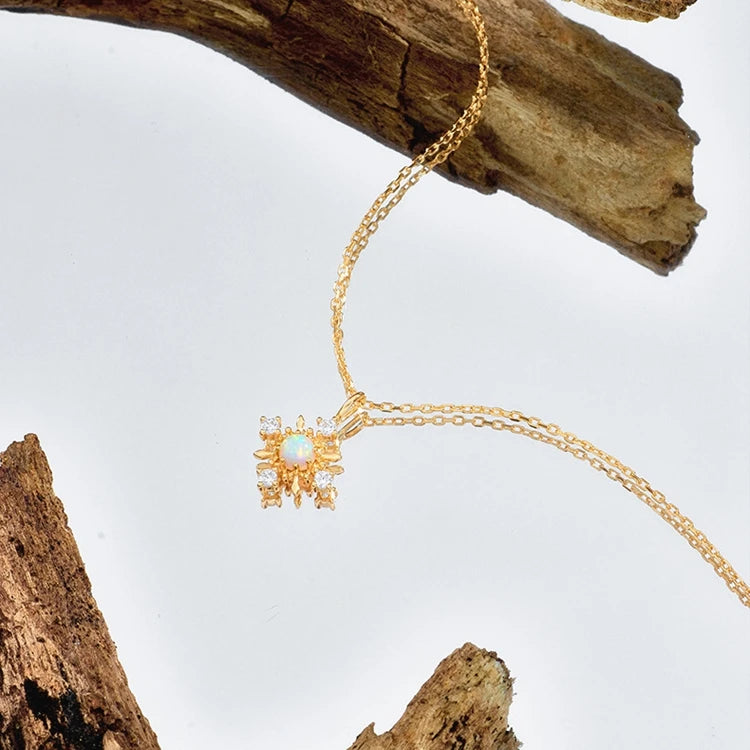 Emotional Factory 925 Sterling Silver 14K Gold Plated Gemstone Diamond Shaped Faux Artificial Opal Sun Necklace