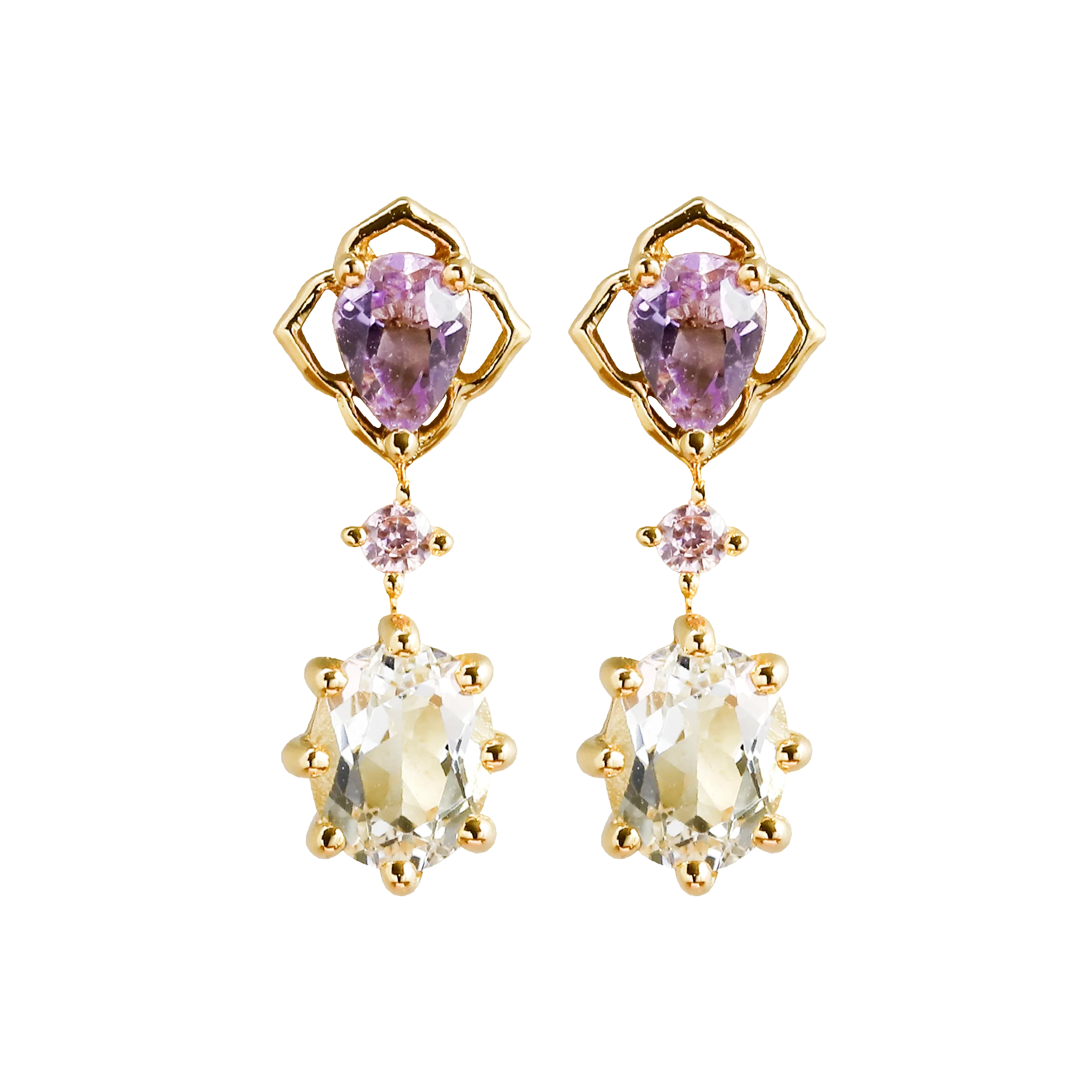 Emotional Factory 925 Sterling Silver 14K Gold Plated Gemstone Zircon White Topaz Pink Amethyst Strip  Earrings