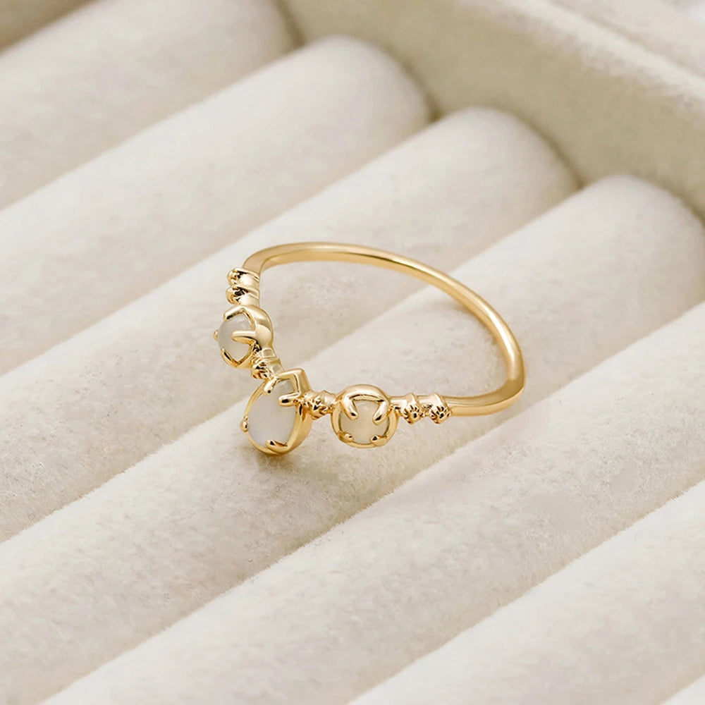 925 Sterling Silver 14K Gold Plated Gemstone Round Drop White Moonstone V Shaped Ring