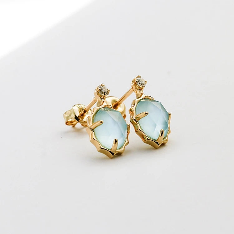 Emotional 925 Sterling Silver 14K Gold Plated Gem Stone Gemstone Retro  Cz Zircon Round White Shell Sky Blue Glass Earrings