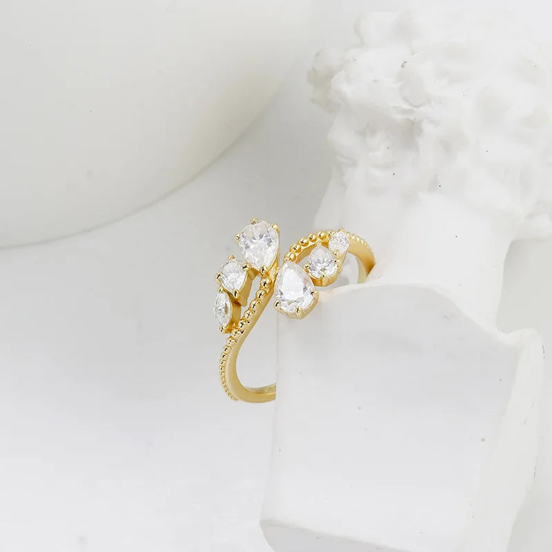 Emotional Factory 925 Sterling Silver 14K Gold Plated Gemstone Water Drops Moissanite Ring