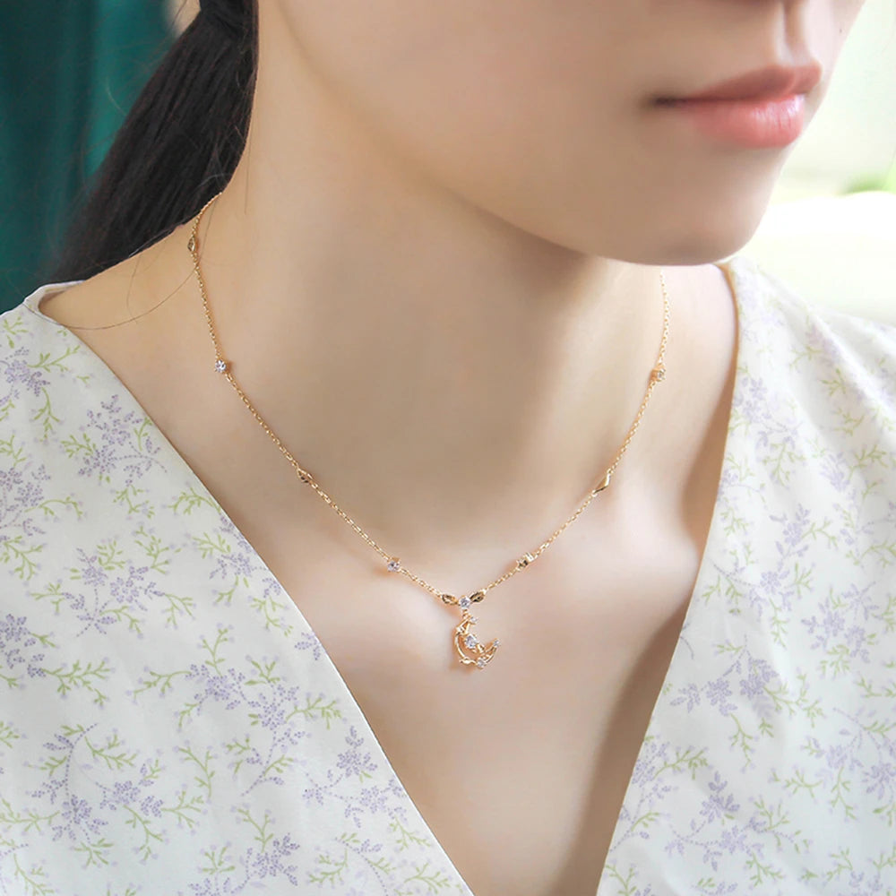 Gemstones Zircon Openwork Leaves Knitted Moon Necklace