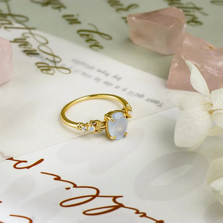 Emotional Factory 925 Sterling Silver 14K Gold Plated Gem Stone Gemstone Summer Shell Necklace Navy Blue Chalcedony Ring