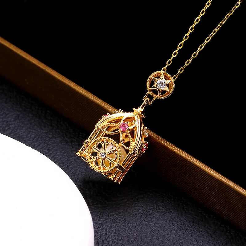 925 Sterling Silver 14K Gold Plated Fairy Tale Pumpkin Carriage Three-Dimensional Design Pearls Open Bird Cage Lockets Pendant