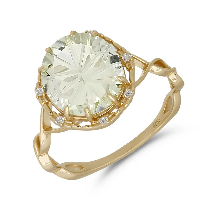 Emotional Factory 925 Sterling Silver 14K Gold Plated Gemstone Niche Design Round Carved Green Amethyst Rings
