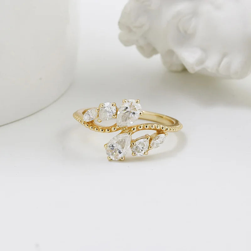 Emotional Factory 925 Sterling Silver 14K Gold Plated Gemstone Water Drops Moissanite Ring
