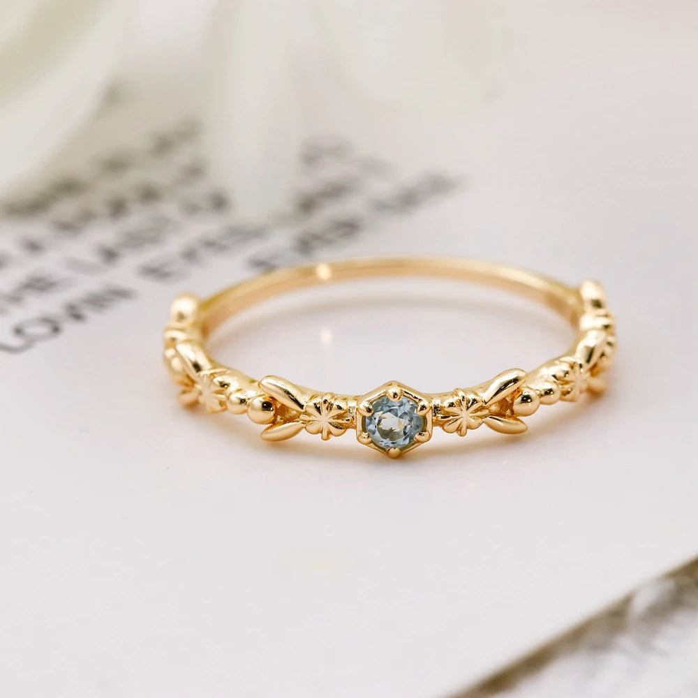 925 Sterling Silver 14K Gold Plated Gemstone Vintage Leaf Insect Elemental Aquamarine Ring