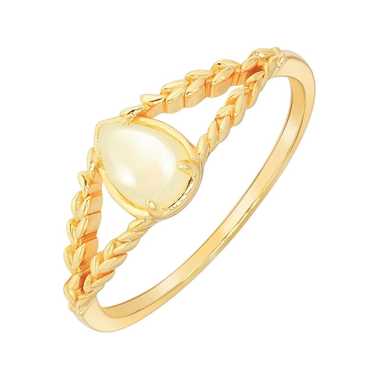 Emotional Bijoux Femmes En Gros Factory 925 Sterling Silver 14K Gold Plated Gemstones African Opal Rice Crop Shaped Drop Ring