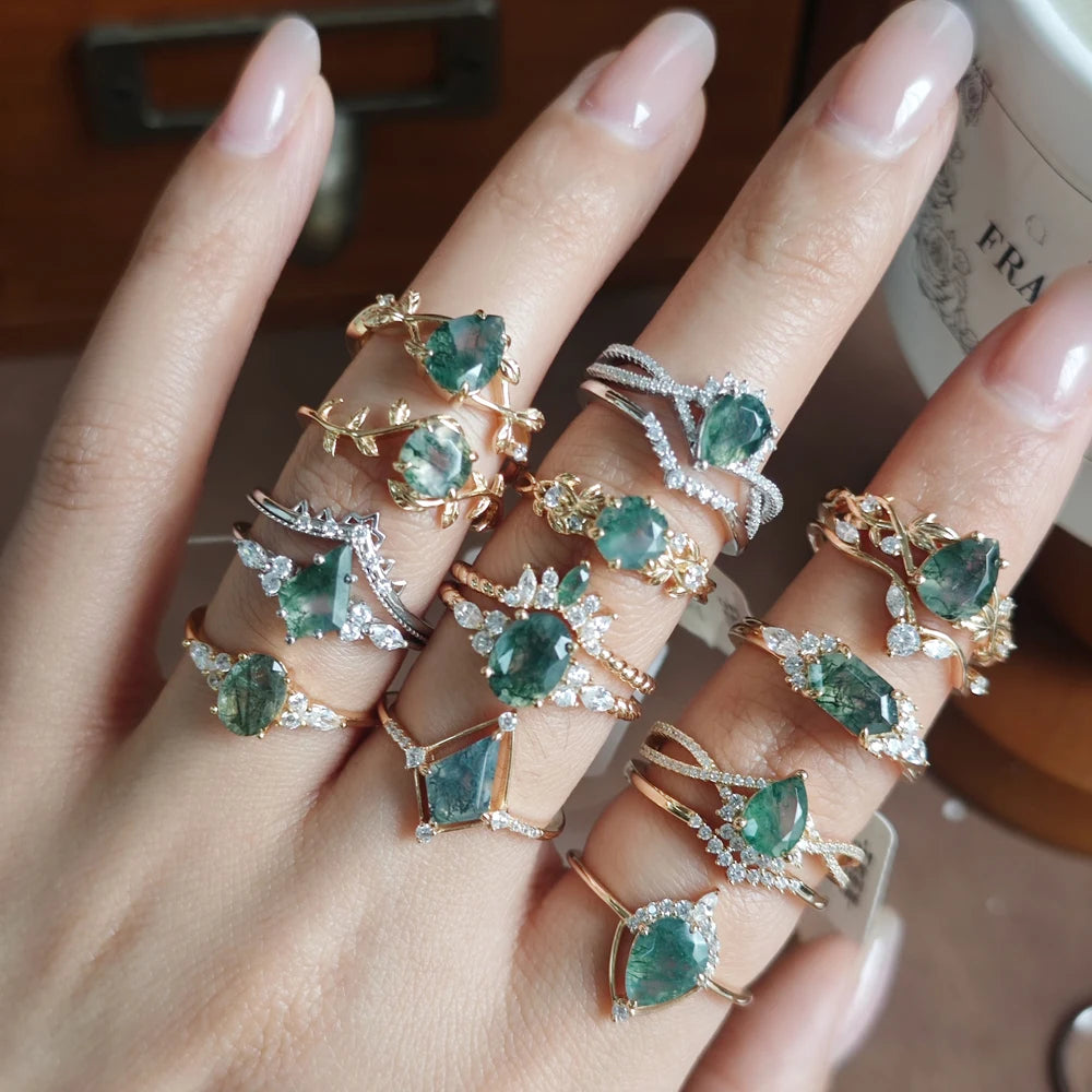 Emotional 925 Sterling Silver Gold Gemstone Fashion Jewelry Aquamarine Pearl Citrine Emerald Sapphire Moss Agate Rings