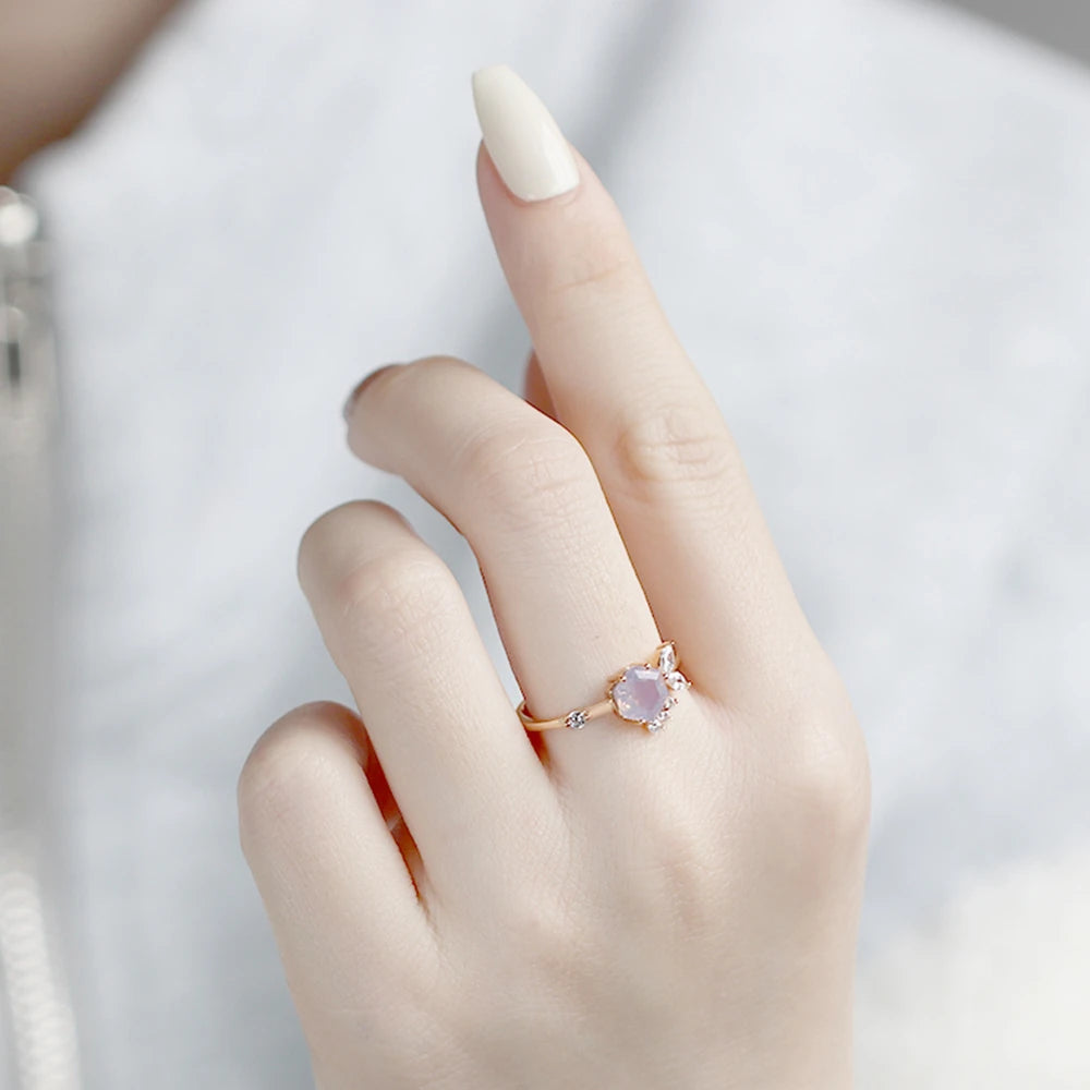 Emotional Factory 925 Sterling Silver 14K Gold Plated Gemstone Series Zircon Spar Lavender Crystal Fish Chasing Bubble Ring