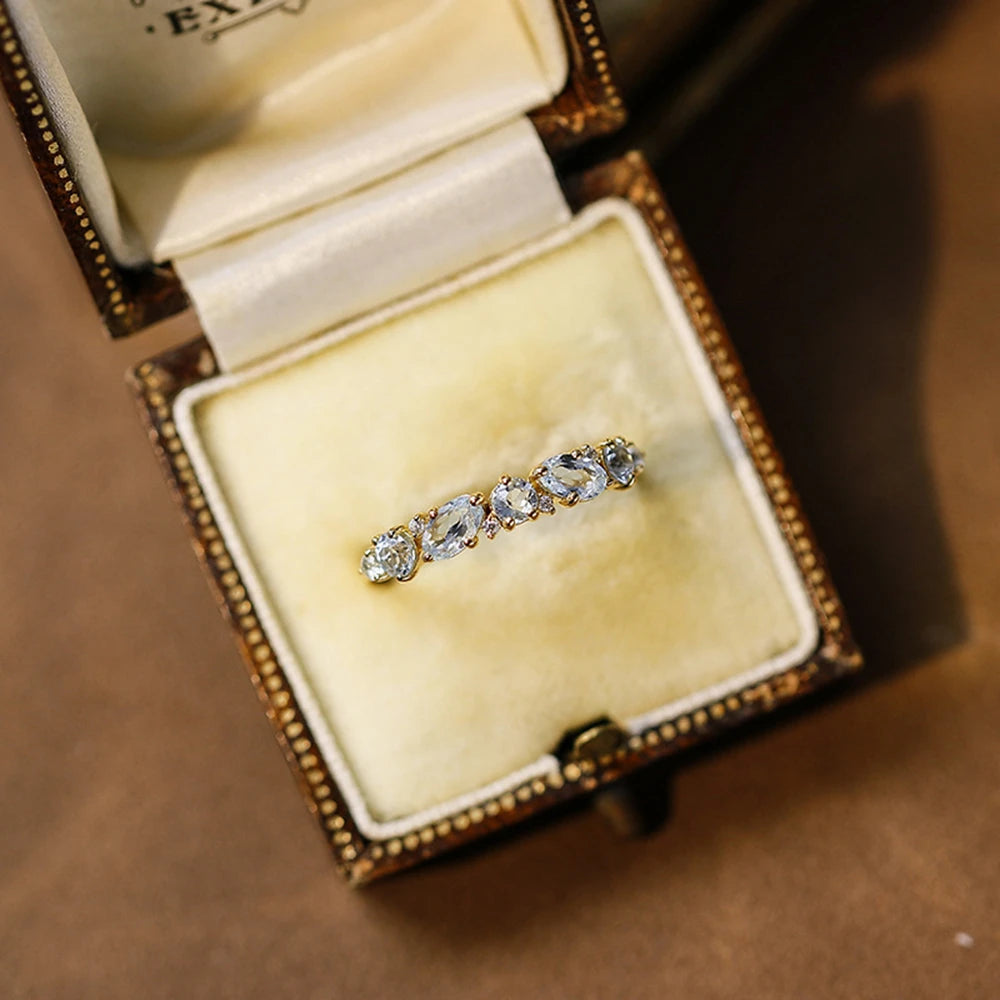 Emotional Factory 925 Sterling Silver 14K Gold Plated Gemstone Staggered Gem-Setting Geometric Round Stone Topaz Ring