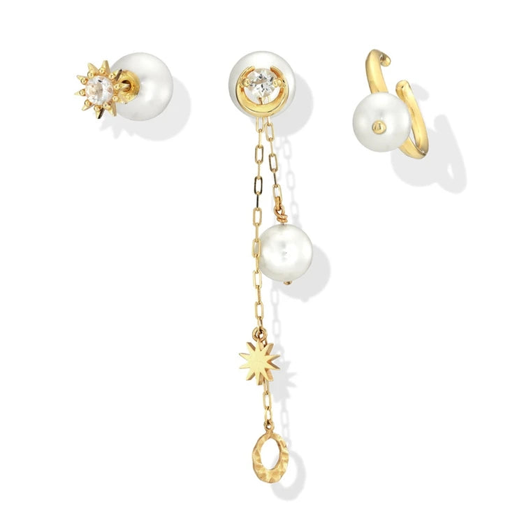 Emotional Factory 925 Sterling Silver 14K Gold Plated Gemstone Tassels Zircon Star Pearl Stud Hoop Earrings Set