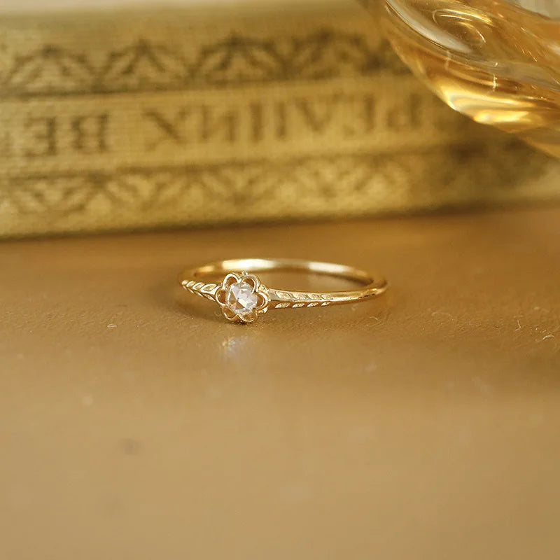 Emotional Factory 925 Sterling Silver 14K Gold Plated Gemstone Rose Inlaid Moissanite Exquisite Sweet Thin Ring