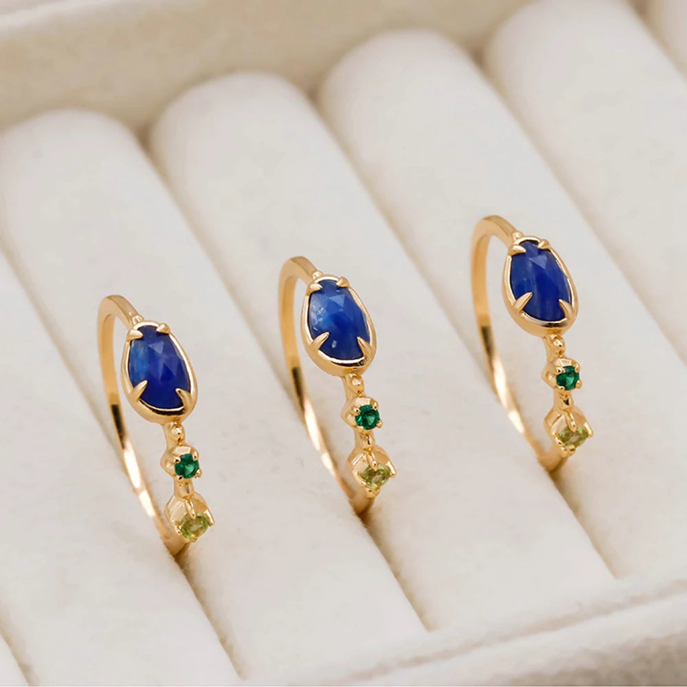 925 Sterling Silver 14K Gold Plated Gemstone Geometric Isomorphs Drop Light Blue Crystal Stone Ring