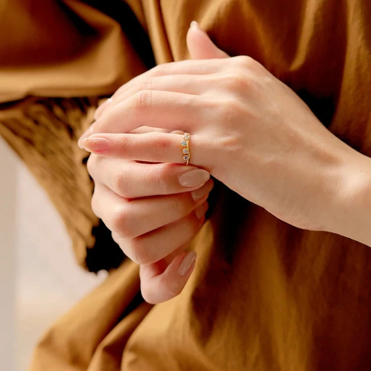 925 Sterling Silver 14K Gold Plated Blue Green Zircon Leaves Branches Ring