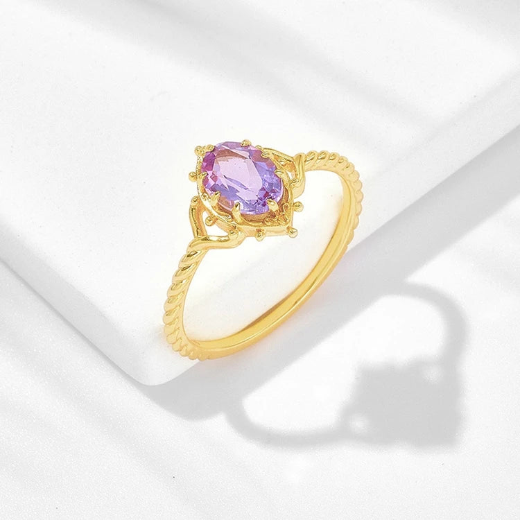 925 Sterling Silver 14K Gold Plated Gemstone Series Crown Bubble Luxury Amethyst Lace Ring