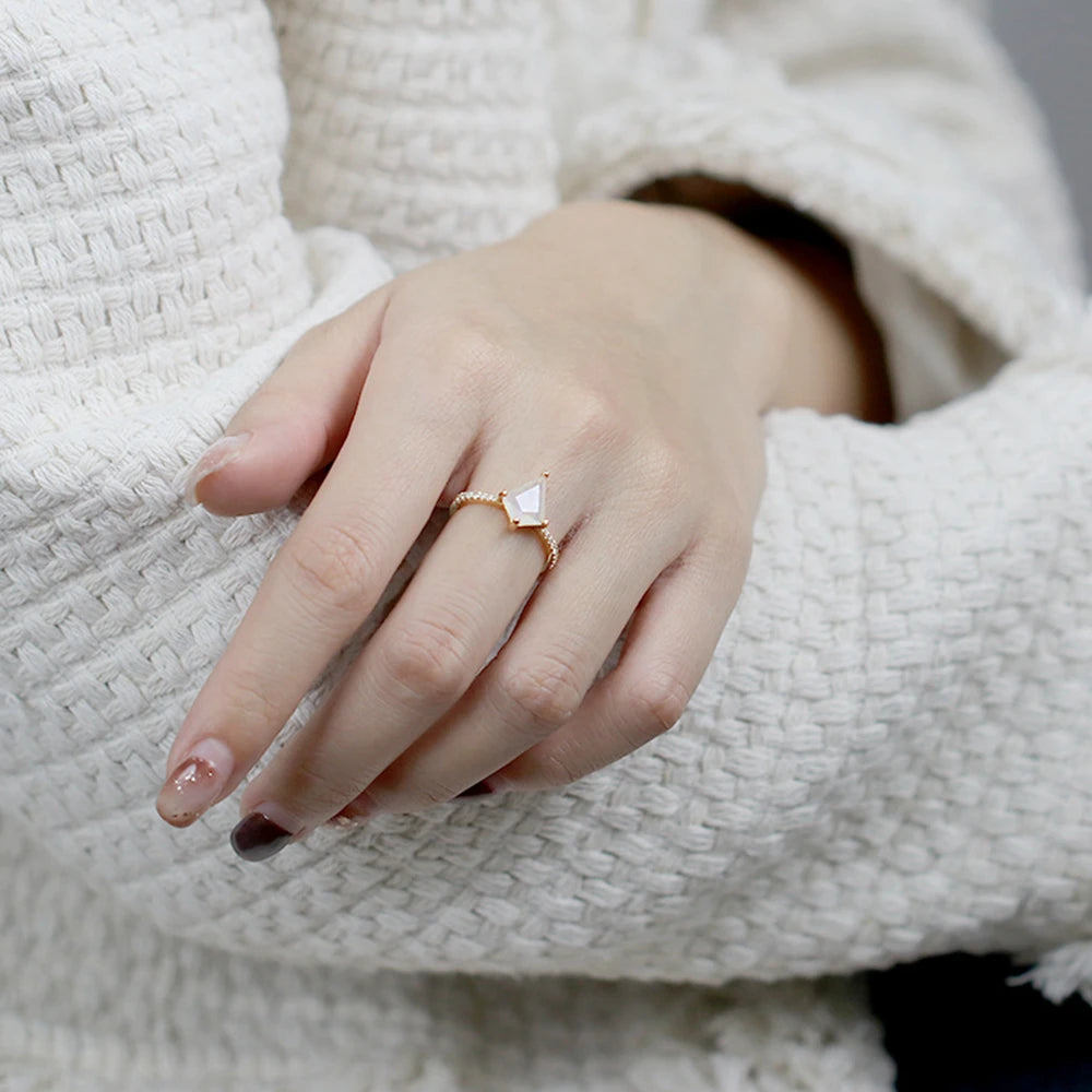 Emotional Custom Factory 925 Sterling Silver 14K Gold Plated  Gem Gemstone Zircon Diamond Shaped Moonstone Ring