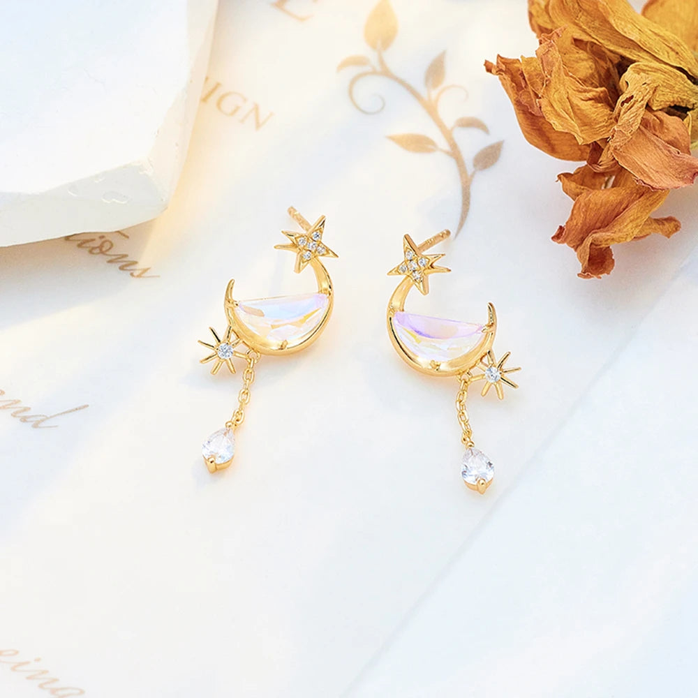 Round Quartz Semi Circle Star Hollow Earrings