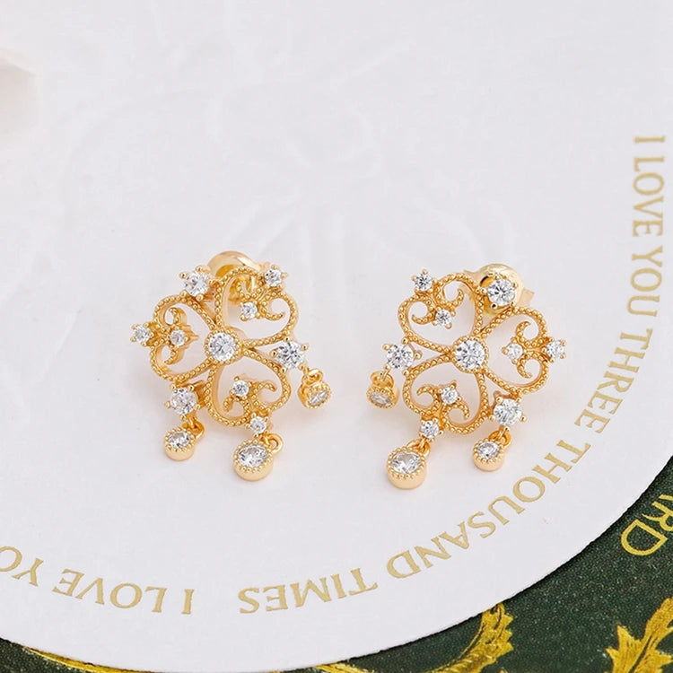 Emotional Factory 925 Sterling Silver 14K Gold Plated Gem Stone Gemstone Cz Zircon Lace Hollow Vintage Earrings