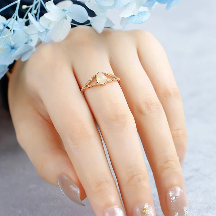 Emotional Bijoux Femmes En Gros Factory 925 Sterling Silver 14K Gold Plated Gemstones African Opal Rice Crop Shaped Drop Ring