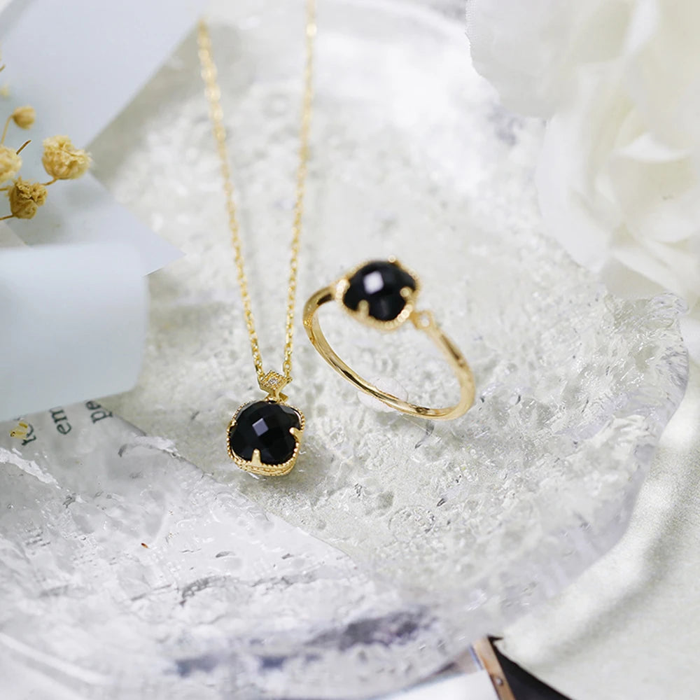 925 Sterling Silver 14K Gold Plated Gem Stone Gemstone Retro  Cz Zircon Geometric Square Black Agate Carnelian Onyx Ring