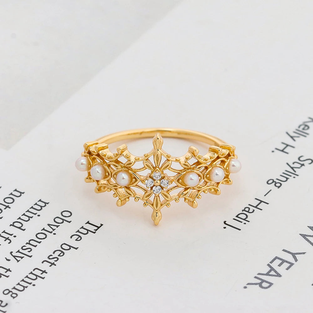 Emotional 925 Sterling Silver 14K Gold Plated Gem Stone Gemstone Retro Hollow Flower Natural Freshwater Pearls Lace Ring