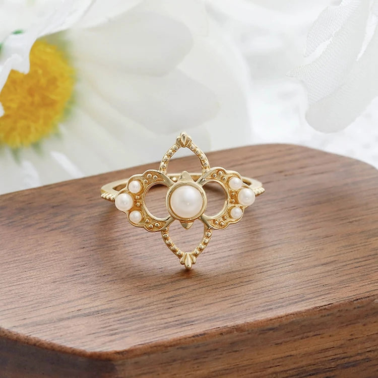 Emotional Factory 925 Sterling Silver 14K Gold Plated Gemstone Retro Hollow Ring Flower Pearl Necklace