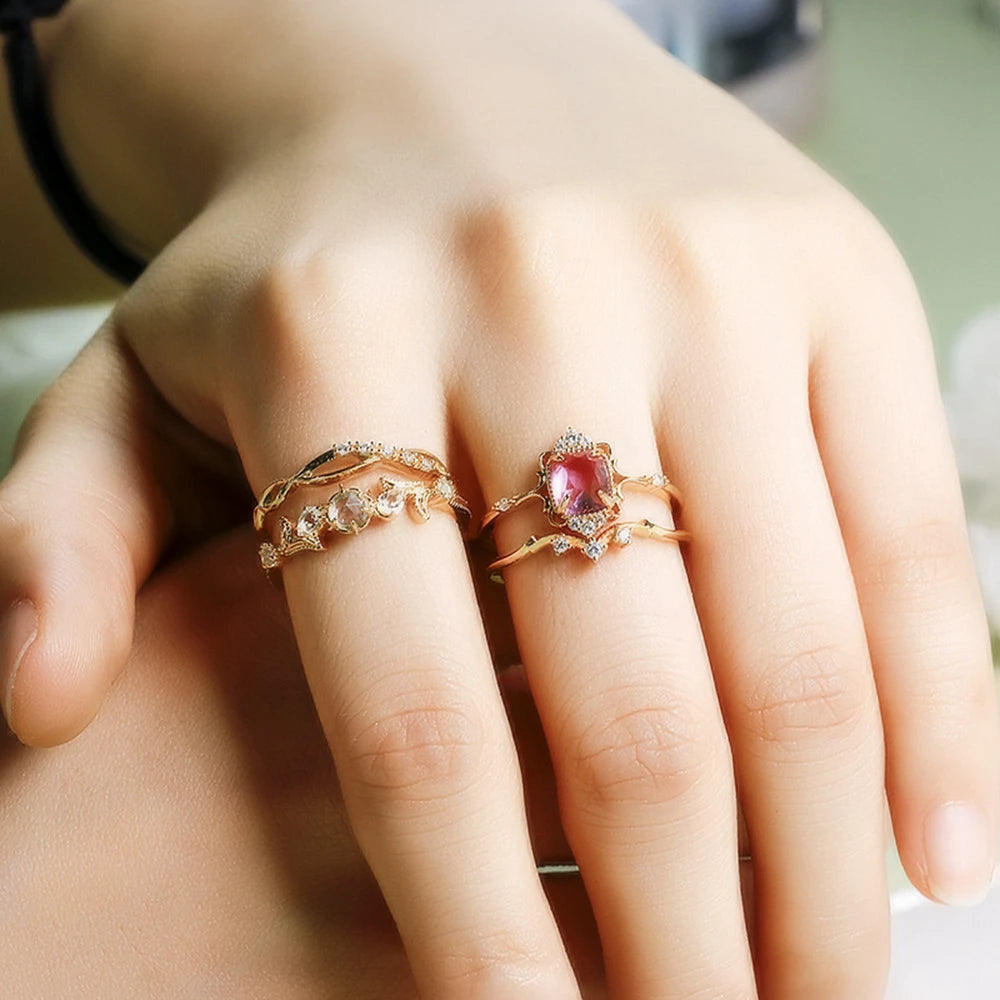 Emotional Factory 925 Sterling Silver 14K Gold Plated Gem Stone Gemstone Rose Flower White Topaz Rock Crystal Ring