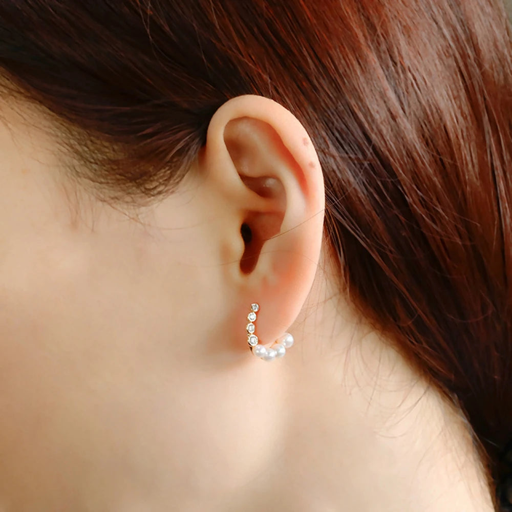 Emotional Factory 925 Sterling Silver 14K Gold Plated Gem Stone Gemstone Retro Cz Zircon C Shaped Pearl Earrings