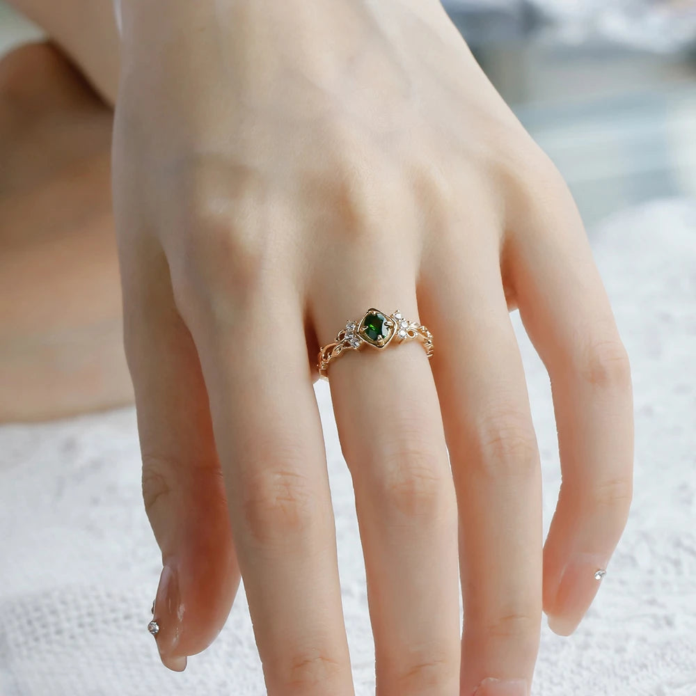 925 Sterling Silver 14K Gold Plated Gemstone Hollow Geometric Square Retro Cz Zircon Diopside Ring