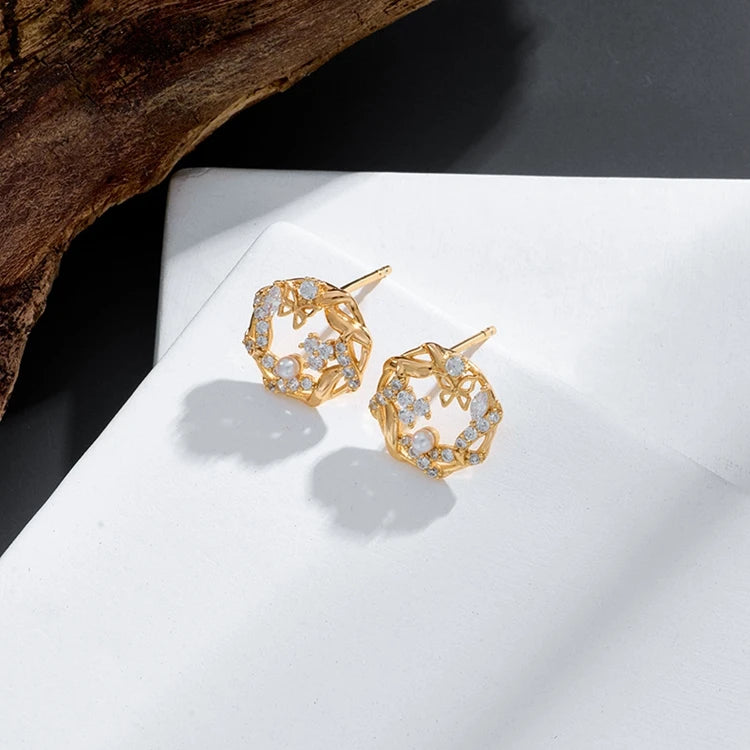 Emotional Factory 925 Sterling Silver 14K Gold Plated Round Hollow Butterfly Pearl Earrings