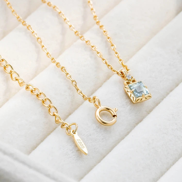 Emotional Factory 925 Sterling Silver 14K Gold Plated Gemstone Simplicity Zircon Geometric Square Aquamarine Necklace