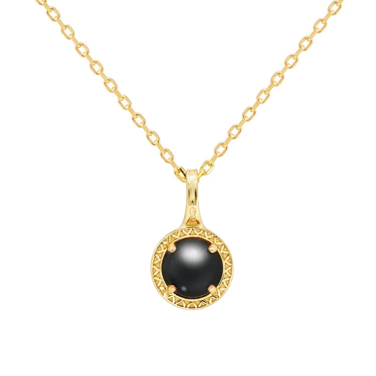 Emotional Factory 925 Sterling Silver 14K Gold Plated Gemstones Round Carved Garnet Black Onyx Necklace