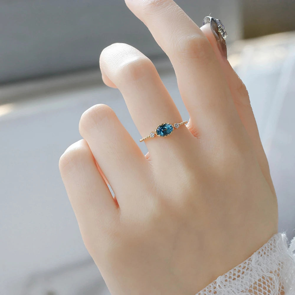 Emotional Factory 925 Sterling Silver 14K Gold Plated Natural Stone Gemstone Zircon Bead Blue Topaz Ring
