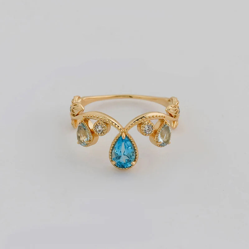 Dunli Jewelry  Manufacturer Japanese Style Light Luxury S925 Silver Plated 14K Gold Blue Topaz Ring