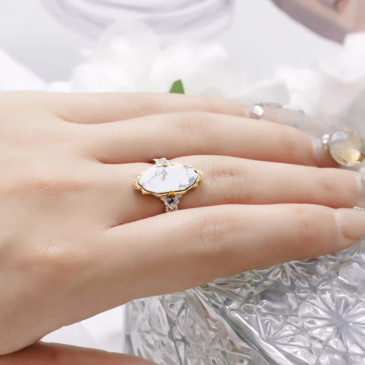 Emotional Factory 925 Sterling Silver 14K Gold Plated Gem Stone Gemstone Retro  Cz Zircon Labradorite White Turquoise Ring