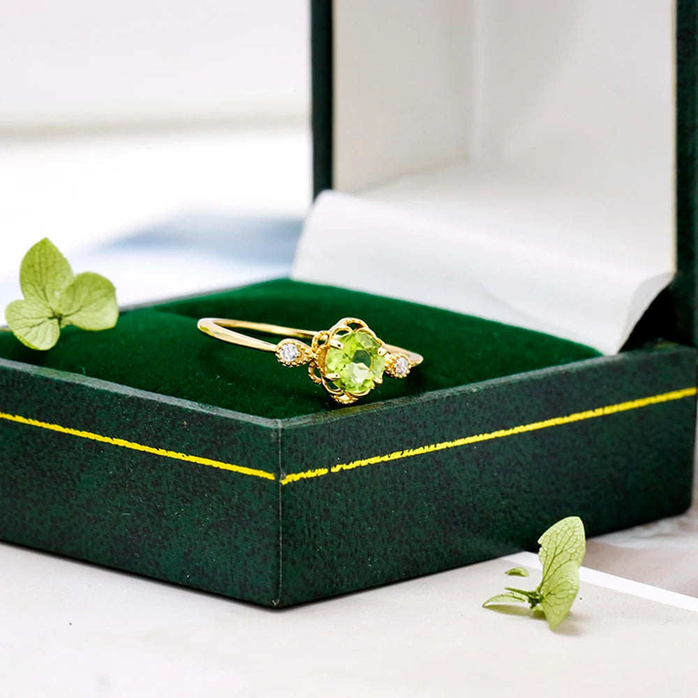 Emotional Factory 925 Sterling Silver 14K Gold Plated Gemstone Retro Cz Zircon Flower Sun Peridot Ring