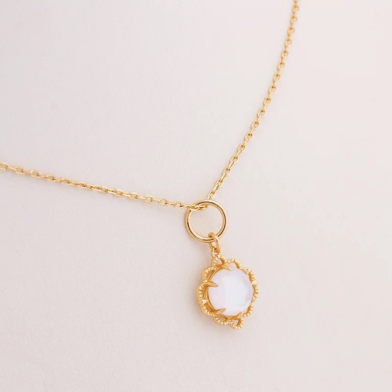 925 Sterling Silver 14K Gold Plated Gemstone Layered Stone Double Sided Wear Flower Natural Shell Rock White Crystal Pendant
