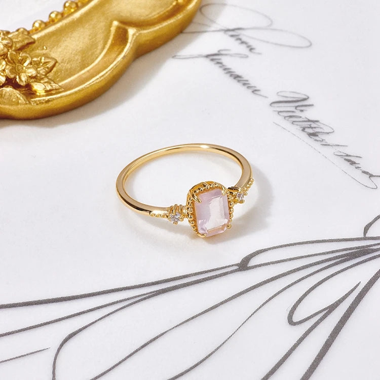 EmotionalEmotional Factory 925 Sterling Silver 14K Gold Plated Gemstone 8Mm Stone Rectangle Pink Crystal Ring