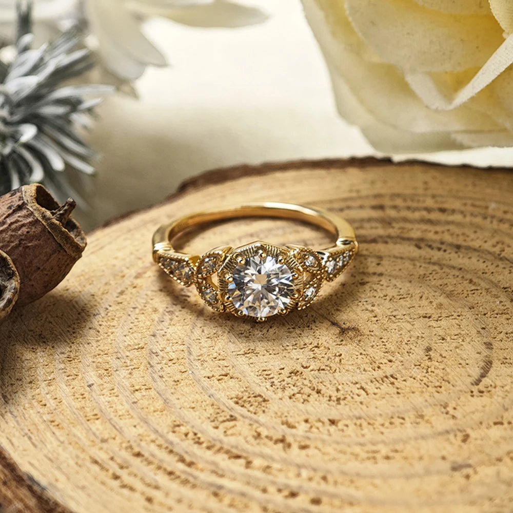 Emotional Factory 925 Sterling Silver 14K Gold Plated Gemstone Middle Ages Vintage Style Sparkle Stone Moissanite Ring