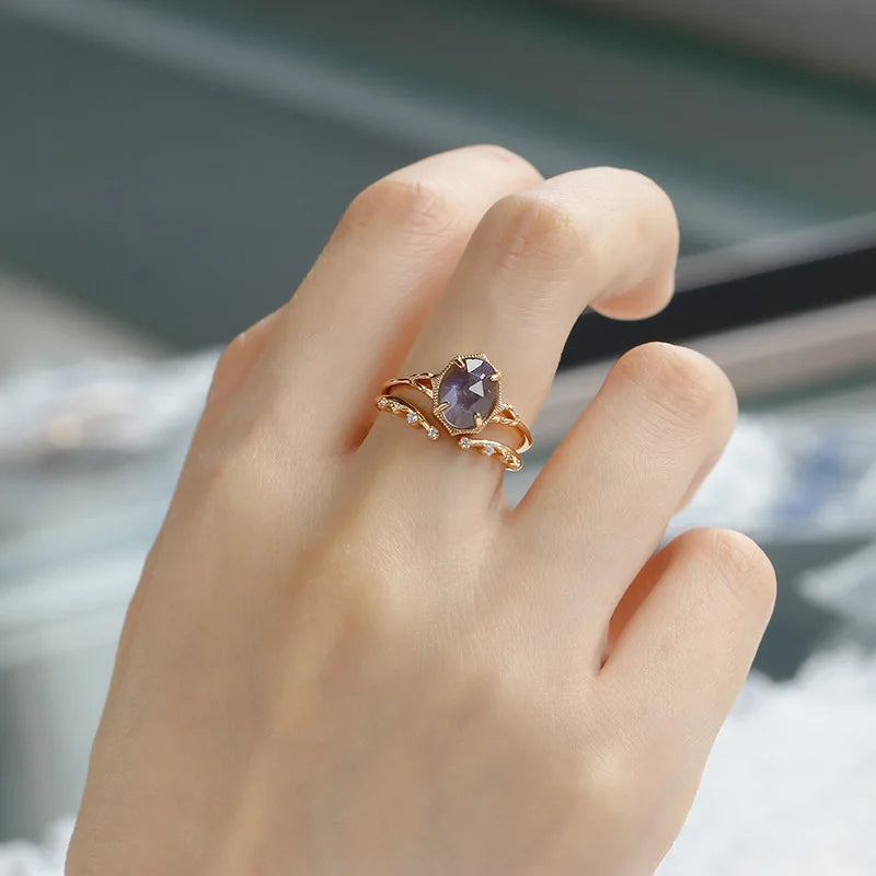 925 Sterling Silver Gold Plated Gemstone Butterfly Strawberry Moon Star Cz Zircon Rose Quartz Night Sky Iolite Labradorite Ring