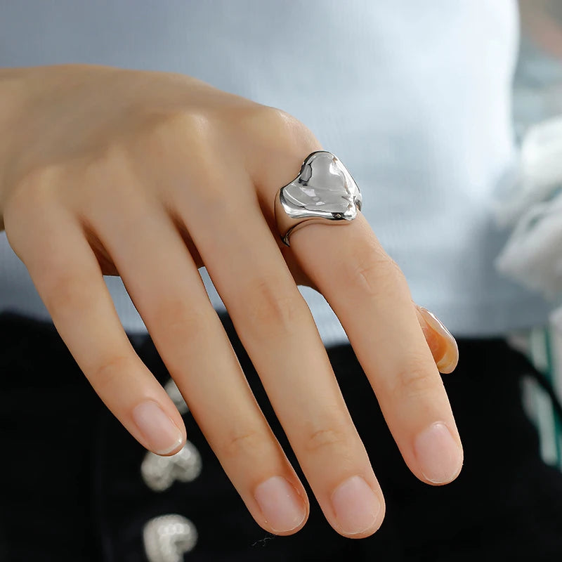 Metal Mirror Heart-shaped Ring Personalized Exaggerated Female Ring White Gold 925 Silver Women's Engagement Rings for Women