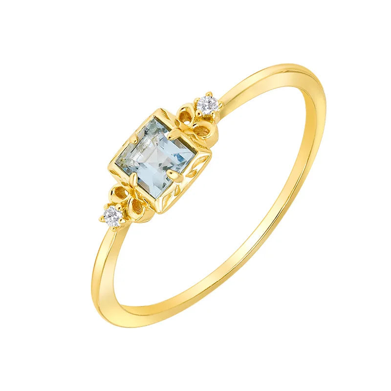 Emotional Factory 925 Sterling Silver 14K Gold Plated Gemstone Simplicity Zircon Geometric Square Aquamarine Ring